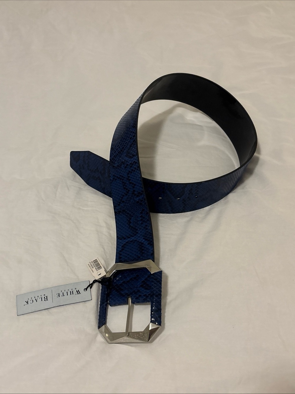 WHBM Royal BLUE Snakeskin Print/Black Patent Leather Reversible Belt Size S New